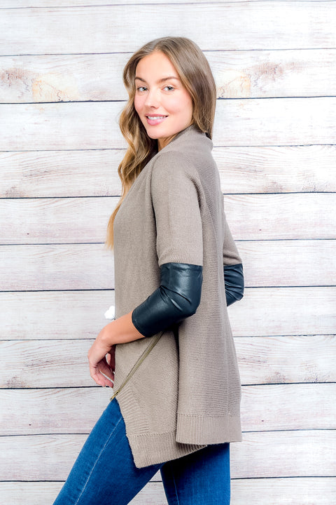 Cardigan-Sweater P.U On Half Sleeve (RSUF105) TaupeBlack / ( S-M-L-XL- 1-2-2-1)