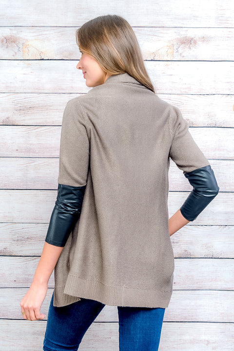 Cardigan-Sweater P.U On Half Sleeve (RSUF105) TaupeBlack / ( S-M-L-XL- 1-2-2-1)