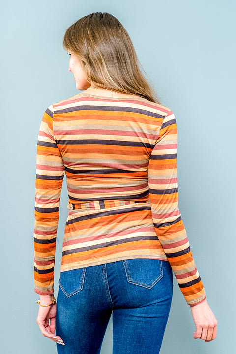 Multi Long Sleeve Vneck Striped Top W-Belt (ET1557) Camel / ( S,M,L- 2,2,2)