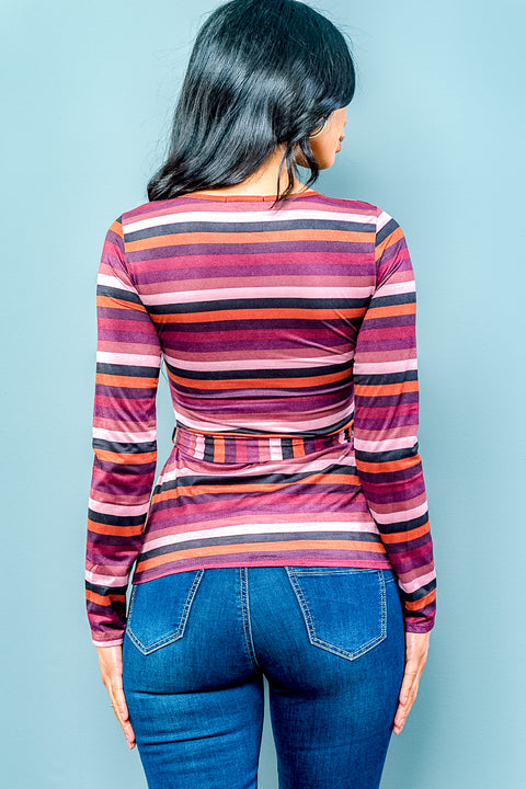 Multi Long Sleeve Vneck Striped Top W-Belt (ET1557) Burgundy / ( S,M,L- 2,2,2)