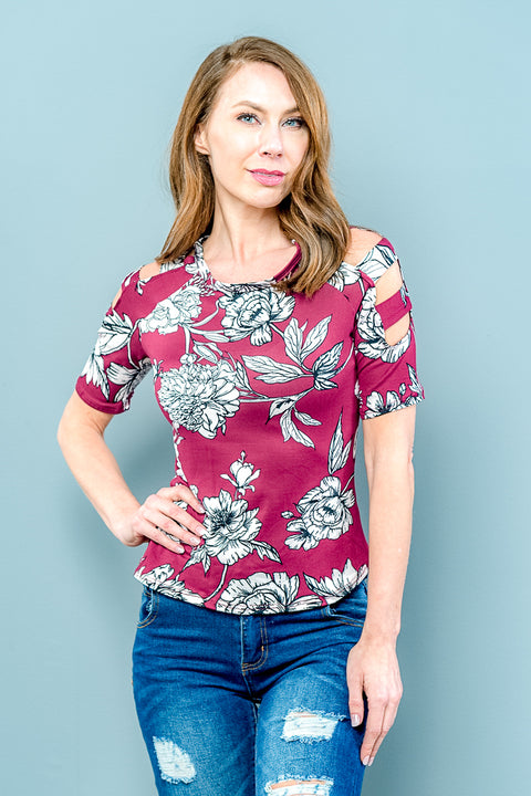 Short Sleeve Floral Top Cutout Sleeve (ET0828) Burgundy / ( S,M,L- 2,2,2)