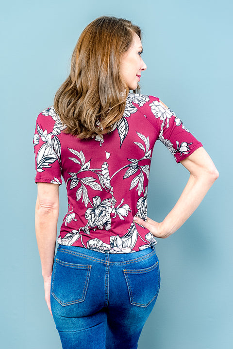 Short Sleeve Floral Top Cutout Sleeve (ET0828) Burgundy / ( S,M,L- 2,2,2)