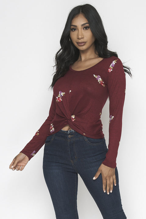 Long Sleeve Embroidery Flowers Top (ET1563) Burgundy / ( S,M,L- 2,2,2)