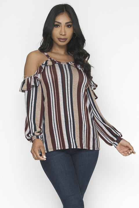 Open Shoulder Long Sleeve Striped Top (ET1366) Burggreytaupe / ( S,M,L- 2,2,2)