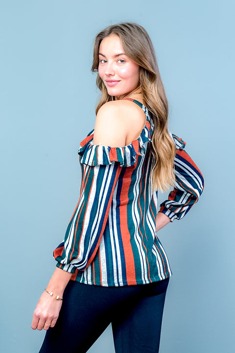 Open Shoulder Long Sleeve Striped Top (ET1366) Rust-Multi / ( S-M-L- 2-2-2)