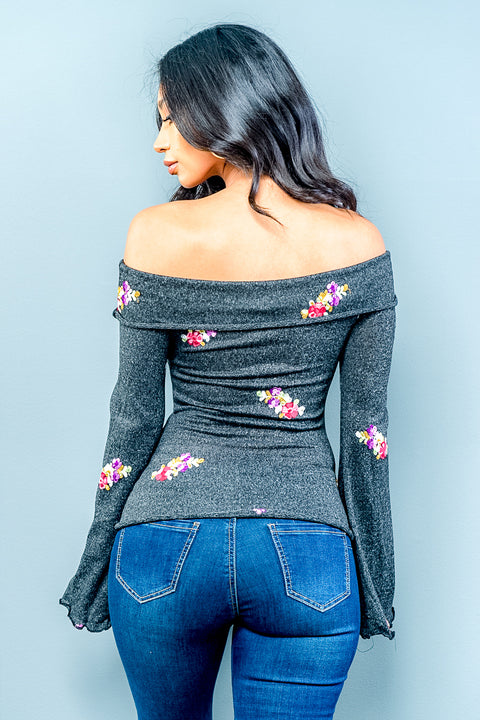 Long Sleeve off the Shoulder Embroidery Top (ET1516) - Wholesale Fashion Couture 