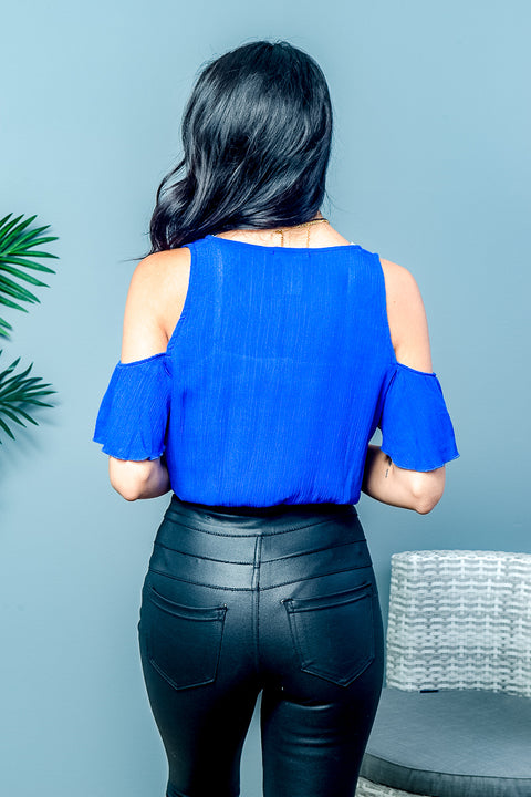 Flounce Sleeve Cold Shoulder V Neck Crop Top (EMT0101SH) - Wholesale Fashion Couture 