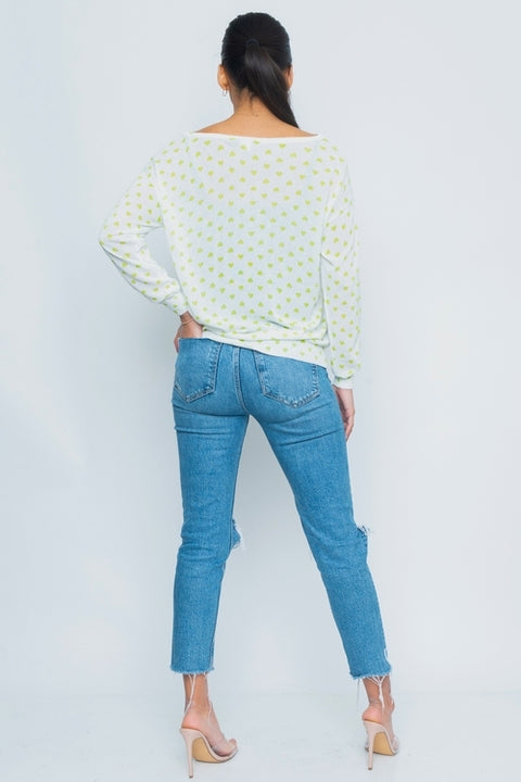 Hearts Printed Long Sleeve Top (32170T-K) Ivory-Lime / ( S-M-L- 2-2-2)