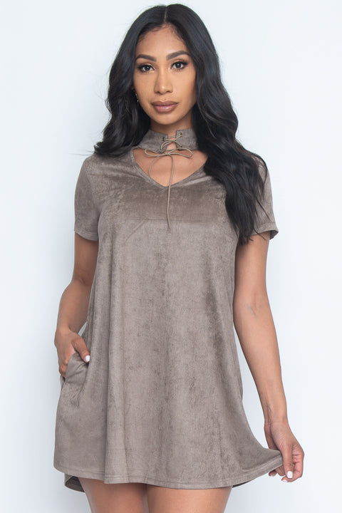 Faux Suede Short Sleeve V Neck Keyhole Mini Dress with Ribbon Tied Choker and Side Pockets (LD41885) - Wholesale Fashion Couture 