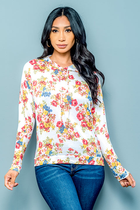 Soft Knit Floral Hoodie with Long Sleeves and Drawstrings (LST6023) - Wholesale Fashion Couture 