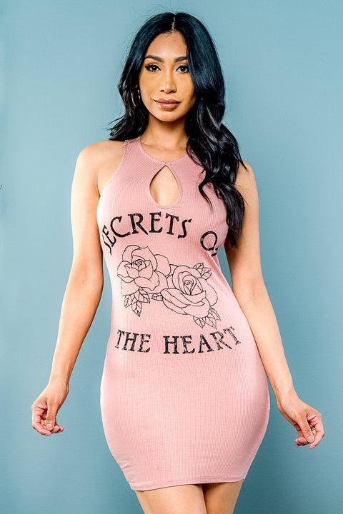 'Secrets of The Heart' Halter Strappy Racer Back Graphic Tee Mini Dress with Keyhole Front (MD-130) - Wholesale Fashion Couture 