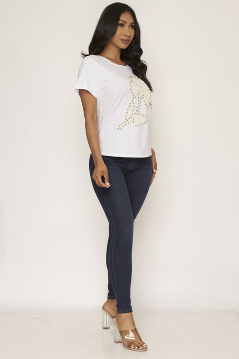Short Sleeve Lace Front Detail Tshirt Top (K1907) White / ( S-M-L- 2-2-2)