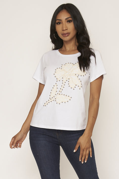 Short Sleeve Lace Front Detail Tshirt Top (K1907) White / ( S-M-L- 2-2-2)