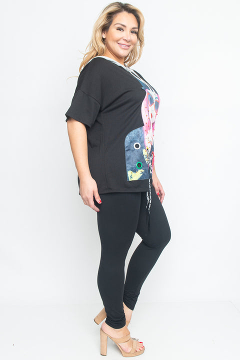 Plus Size Short Sleeve Top With Hoodie (T30798APL) Black / ( 1XL-2XL-3XL- 1-3-3)