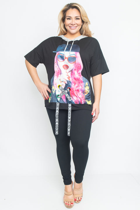 Plus Size Short Sleeve Top With Hoodie (T30798APL) Black / ( 1XL-2XL-3XL- 1-3-3)