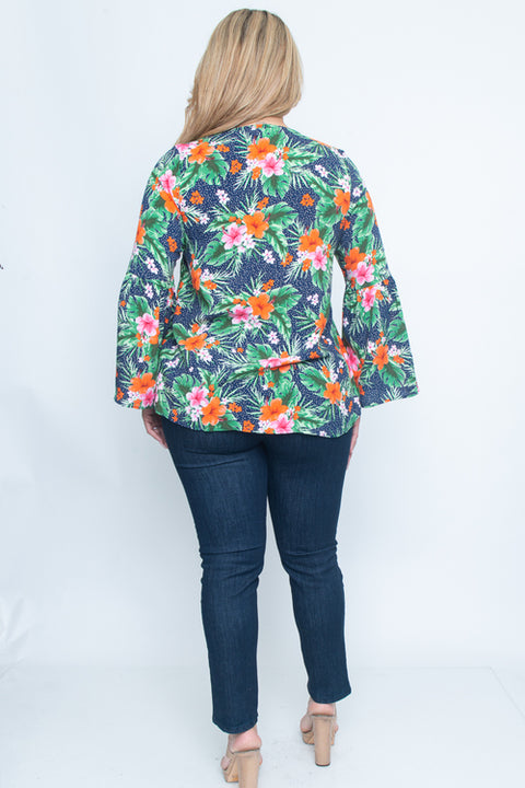 Tropical Plus Size Long Sleeve Top (T1124-1) Navy / ( 1XL - 2XL - 3XL- 2-2-2)