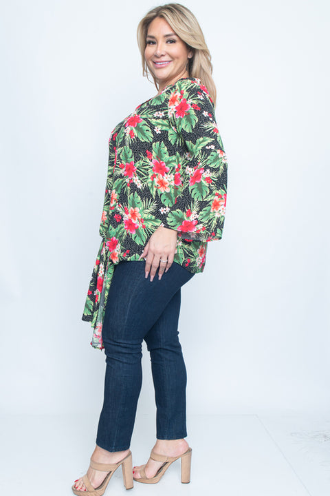 Tropical Plus Size Long Sleeve Top (T1124-1) Black / ( 1XL - 2XL - 3XL- 2-2-2)
