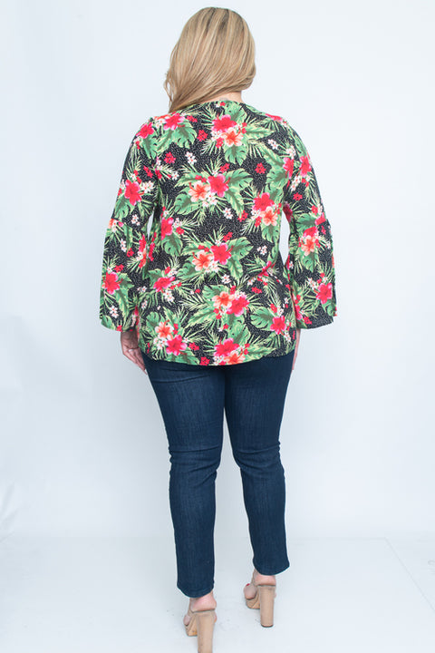 Tropical Plus Size Long Sleeve Top (T1124-1) Black / ( 1XL - 2XL - 3XL- 2-2-2)