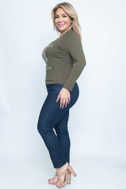 Plus Size Long Sleeve Top (ZA3572) Olive / ( 1XL-2XL-3XL- 1-1-1)