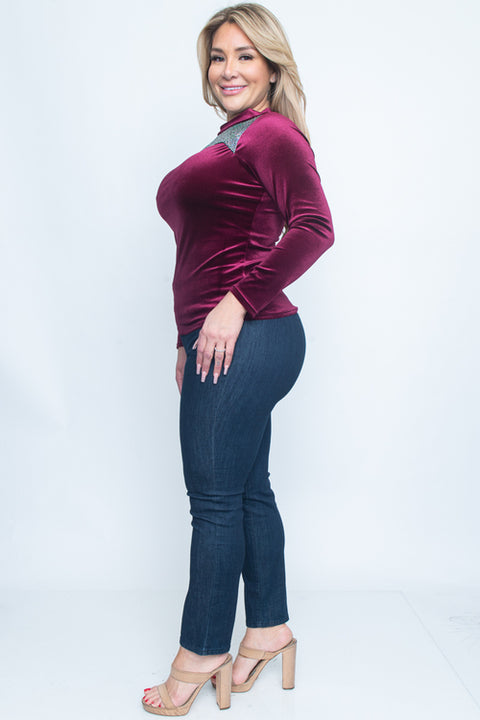 Plus Size Long Sleeve Top (ZA3686A) Burgundy / ( 1XL-2XL-3XL- 1-1-1)