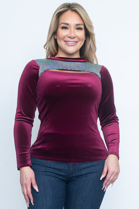 Plus Size Long Sleeve Top (ZA3686A) Burgundy / ( 1XL-2XL-3XL- 1-1-1)