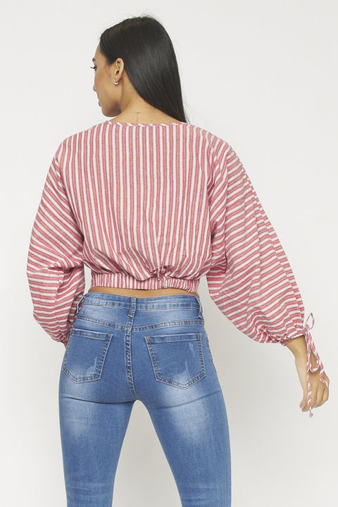 Surplice Pin Striped Wrap Top with Balloon Sleeves and Wrist Ties (T15255) - Wholesale Fashion Couture 