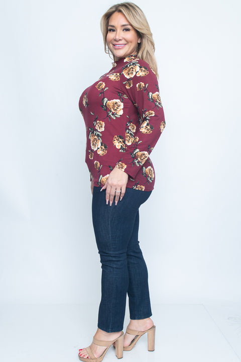 Plus Size Long Sleeve Top (ZB9389) Burgundy / ( 1xl-2xl-3xl- 1-1-1)