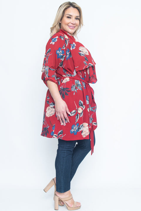 Plus Size Floral Cardigan (ZB8127F) Burgundy / ( 1X-2X-3X- 1-1-1)
