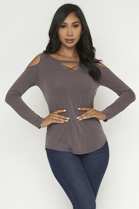 n Long Sleeve Round Necktop Open Shoulders (M1177) Lt.Brown / ( S-M-L- 2-3-1)