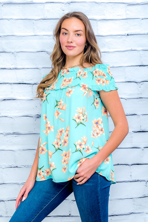 Floral Sleeve Less Top (ET6284) Mint / ( S-M-L- 2-2-2)