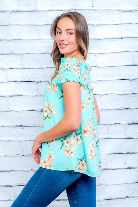 Floral Sleeve Less Top (ET6284) Mint / ( S-M-L- 2-2-2)