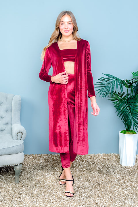 3 PC Set - 'Sunny Days' Velvet Long Sleeve Open Front Duster, Bandeau Top and High Waist Leggings in Goldenrod* (AST-9029) - Wholesale Fashion Couture 