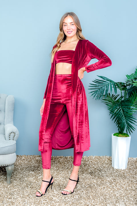 3 PC Set - 'Sunny Days' Velvet Long Sleeve Open Front Duster, Bandeau Top and High Waist Leggings in Goldenrod* (AST-9029) - Wholesale Fashion Couture 
